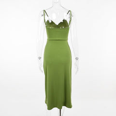 Solid hollow out drawstring v neck backless cami midi dress