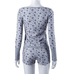 Contrast print long sleeve button patchwork pant set