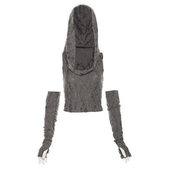 Textured off shoulder hoodie gloves cowl neck crop top