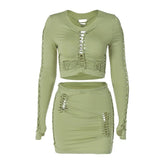 Long sleeve solid hollow out round neck ruched crop top skirt set