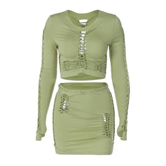 Long sleeve solid hollow out round neck ruched crop top skirt set