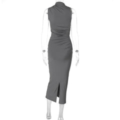 Turtle neck ruched solid sleeveless slit midi dress