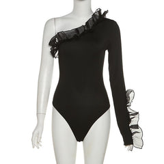 Long sleeve solid irregular one shoulder ruffle bodysuit