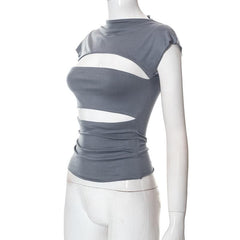 Cap sleeve solid crewneck hollow out top