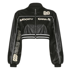Long sleeve PU leather zip-up high neck coat top