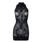 Fishnet sleeveless hollow out high neck see through mini dress