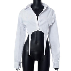 Turnover collar button long sleeve solid crop top