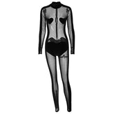 Mesh solid long sleeve sweetheart pattern jumpsuit