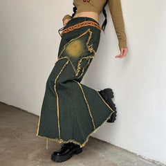 Contrast slit raw hem pentagram pattern irregular zip-up midi skirt