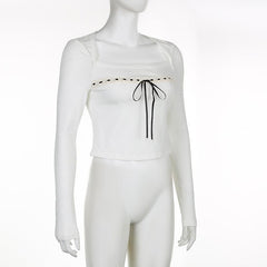 Square neck contrast long sleeve stitch bowknot crop top