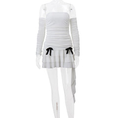 Long sleeve off shoulder ruched bowknot backless ruffle mini dress