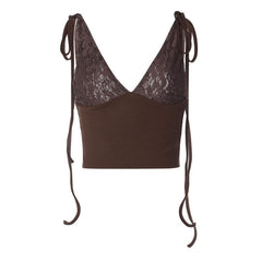 V neck see through lace ribbed patchwork ruched backless top