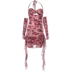 Flower print contrast gloves buckle ruched halter backless ruffle mini dress