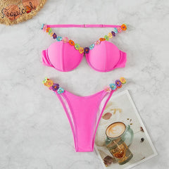 Flower embroidery backless padded contrast bikini swimwear