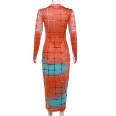 Plaid contrast body print long sleeve crewneck midi dress