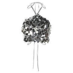 Halter self tie glitter backless textured crop top