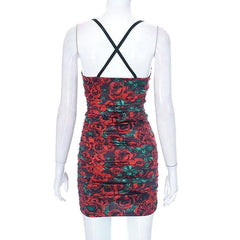 Flower print contrast lace hem cross back ruched mini dress