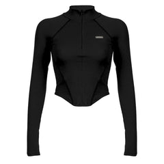 Zip-up long sleeve stitch solid high neck top