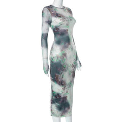 Long sleeve crewneck tie dye mesh gloves contrast midi dress