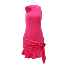 Flower applique solid sleeveless ribbed ruffle irregular mini dress