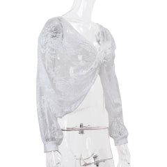 Long puff sleeve lace see through flower applique backless crop top