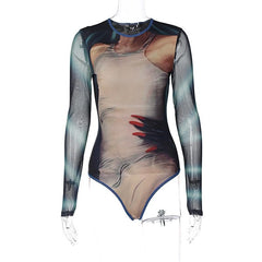 Long sleeve mesh contrast abstract button bodysuit