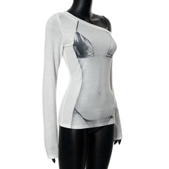 Long sleeve body print one shoulder contrast irregular top