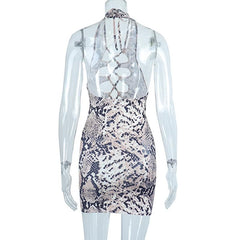 Snakeskin print hollow out self tie backless mini dress
