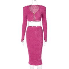 Textured button long sleeve gloves midi skirt set