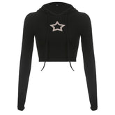 Long sleeve contrast drawstring star pattern hoodie crop top