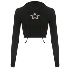 Long sleeve contrast drawstring star pattern hoodie crop top