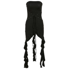 Lace up solid ruffle backless irregular tube mini dress