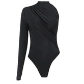 One shoulder ruched irregular high neck solid bodysuit