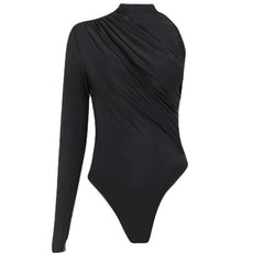 One shoulder ruched irregular high neck solid bodysuit