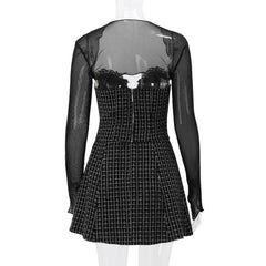 Long sleeve mesh plaid bowknot lace up shrug 2 piece mini dress
