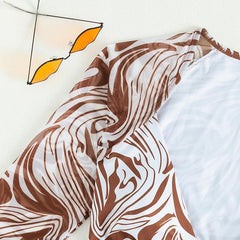 Ripple contrast long sleeve v neck self tie bikini swimwear