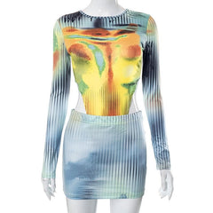 Striped long sleeve crewneck contrast bodysuit mini skirt set - Final Sale