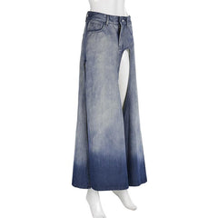 Gradient slit pocket irregular high rise denim midi skirt