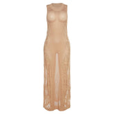 Crochet solid sleeveless see through round neck maxi dress