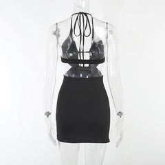 Beaded solid halter backless hollow out slit mini dress