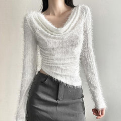 Textured cowl neck irregular solid long sleeve top