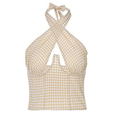 Sleeveless backless halter hollow out plaid top