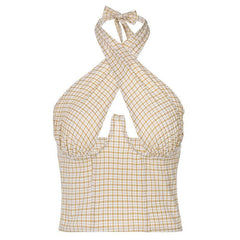 Sleeveless backless halter hollow out plaid top