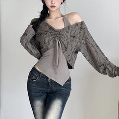 Textured drawstring halter long sleeve contrast 2 piece top