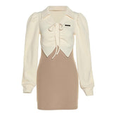 Drawstring turnover collar long sleeve contrast mini dress