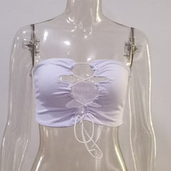 Double layered hollow out self tie backless solid lace up halter top