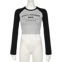 Contrast patchwork long sleeve letter print crewneck top - Final Sale