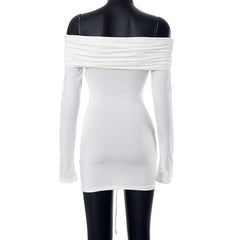 Lace up long sleeve off shoulder ruched solid mini dress