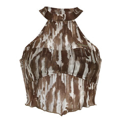 Tie dye halter metal tag contrast mesh sleeveless crop top