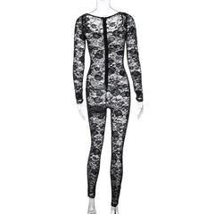 Lace solid zip-up long sleeve see through round neck jumpsuit